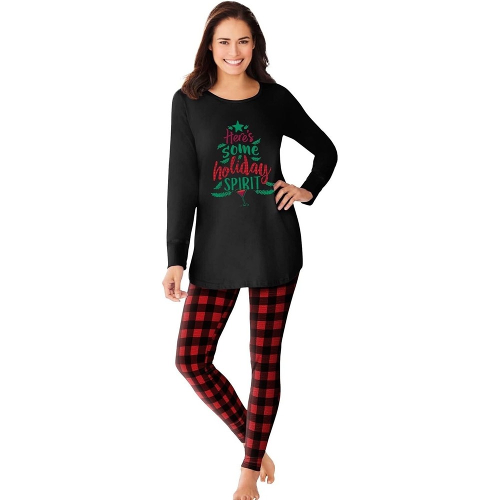 Dreams‎ & Co Plus Size 2pc PJ Legging Set Holiday Spirit Red Buffalo Plaid 1X/2X